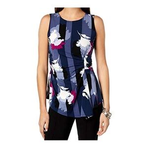 Alfani Plus Size Striped Floral Top Sleeveless Gathered Sides Blue Purple